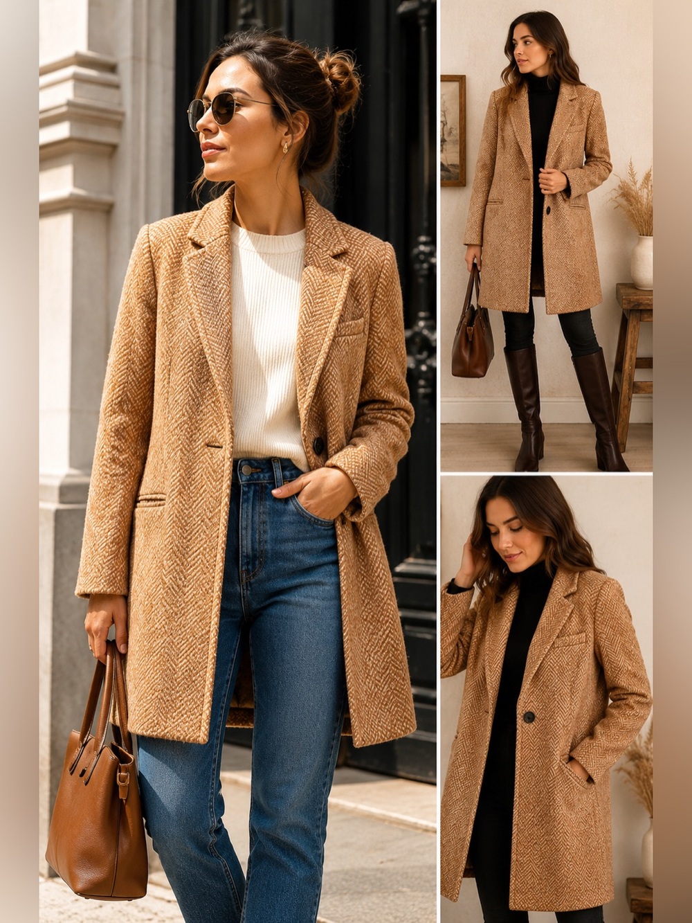 Zara Trafaluc Camel Herringbone Tweed Coat Jacket Small Classic Fall